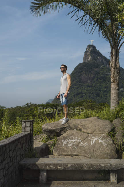 Brazil Tourist In Rio De Janeiro With The Statue Of Christ The Redeemer In The Background Palm Landscape Stock Photo