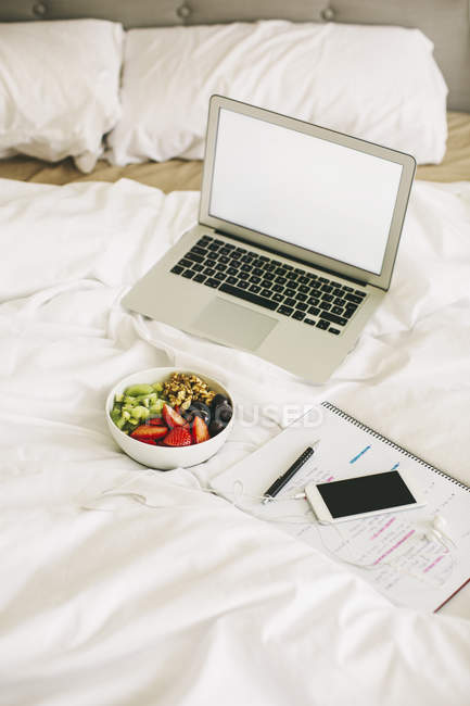 Laptop, notepad, fruit bowl and smartphone with earphones on blanket — Stock Photo