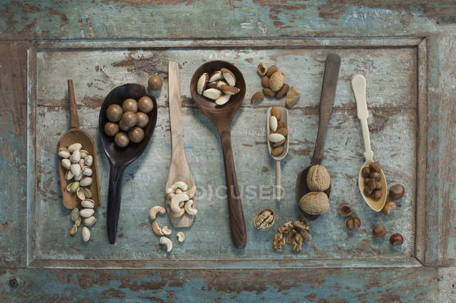 Row of spoons and shovels with different sorts of nuts on wood — Stock Photo