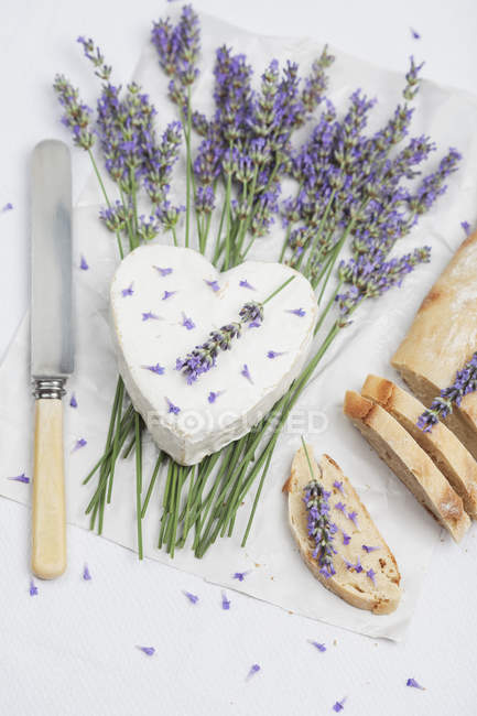 Queso francés de leche de vaca, en forma de corazón, flor de lavanda,  baguette en servilleta — Vista superior, símbolo - Stock Photo | #177558574