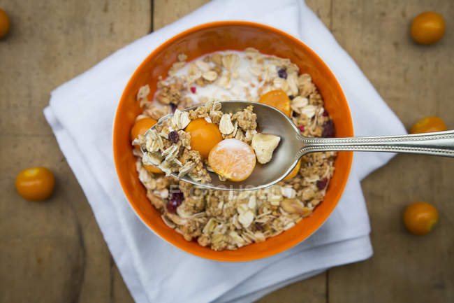 Primo piano vista di cereali e physalis in cucchiaio e ciotola — Foto stock