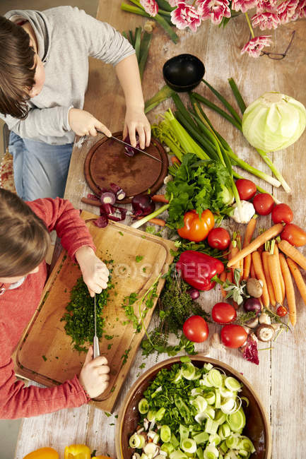 Мальчик и девочка рубят овощи на кухне, вид сверху — стоковое фото