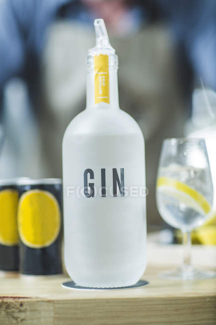 Close up de Garrafa de gin em destilaria — Fotografia de Stock
