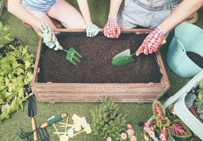 Casal preparando solo para plantar legumes no recipiente de seu jardim urbano — Fotografia de Stock
