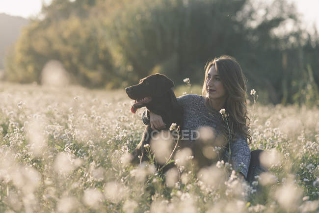 Jovem mulher e seu cão no campo de flores no crepúsculo — Fotografia de Stock