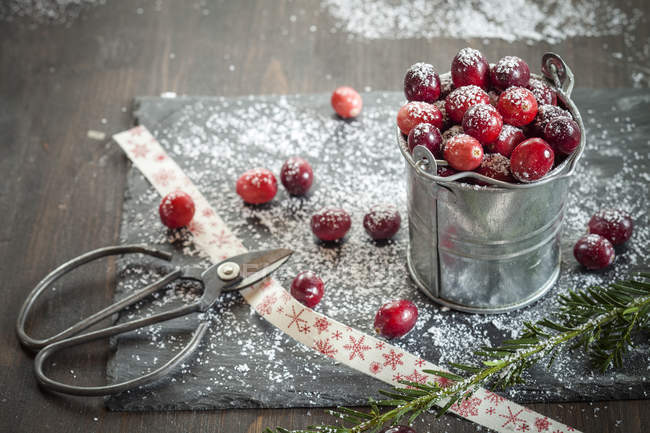 Cranberries in small zinc bucket with icing, scissors and ribbon on slate — Stock Photo