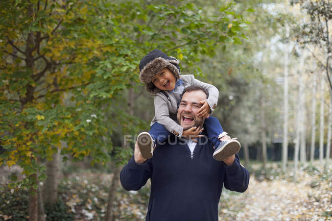 Riéndose niño sentado en los hombros de los padres - foto de stock