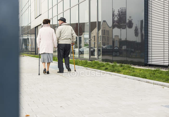 Coppia anziana che cammina con bastoni sul marciapiede — Foto stock