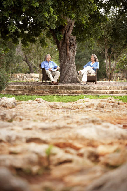 Pareja sentada en sillas bajo un árbol — Comunicación, Naturaleza - Stock Photo | #178101898 Pareja sentada en sillas bajo un árbol — Comunicación, Naturaleza - Stock Photo | #178101898