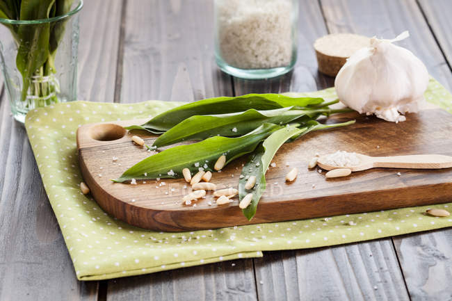 Vista da vicino degli ingredienti per il pesto ramson sul tagliere — Foto stock