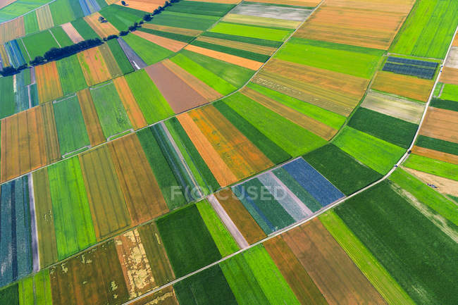 Вид с воздуха на красочные сельскохозяйственные поля в дневное время, Бавария, Германия — стоковое фото