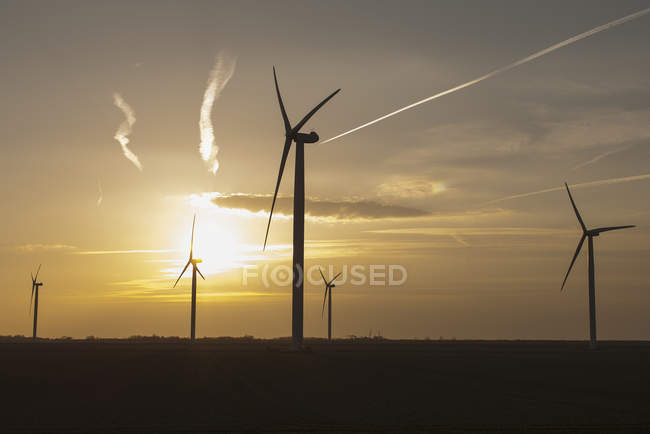 Países Bajos, Zelanda, aerogeneradores al atardecer - foto de stock