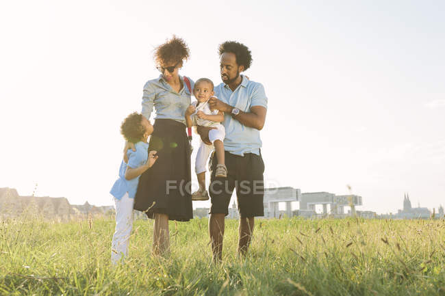 Felice famiglia afroamericana di quattro in campo — Foto stock