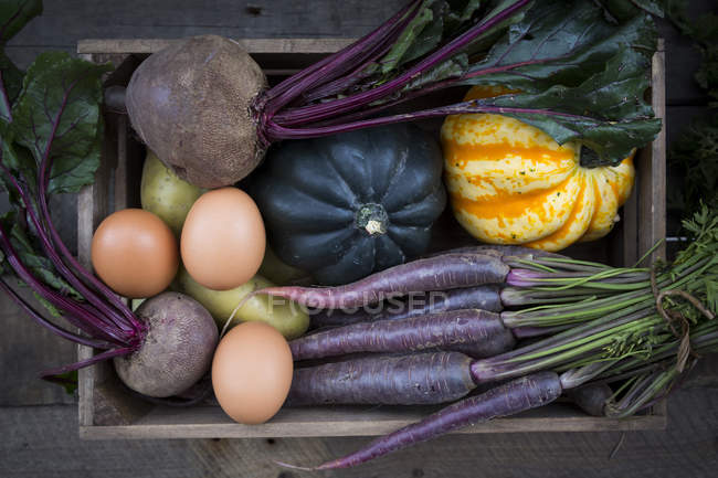 Wooden box of different organic vegetables on dark wood — Stock Photo