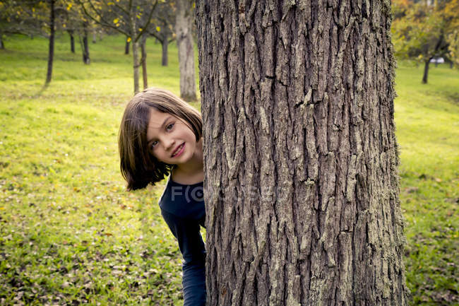 Портрет дівчини, що ховається за стовбуром дерева і дивиться на камеру — стокове фото