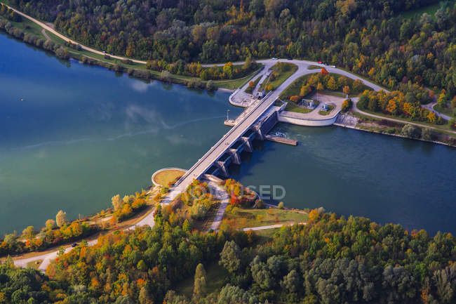 Germany, Bavaria, Isar river, Zulling, hydro plant, aerial view — Stock Photo