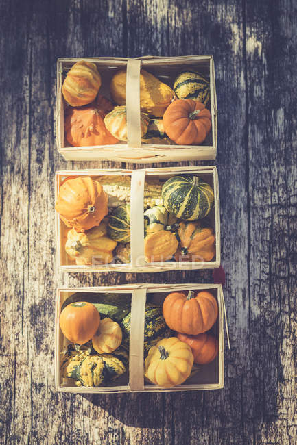 Top view of three baskets of decorative gourds on wooden surface — Stock Photo