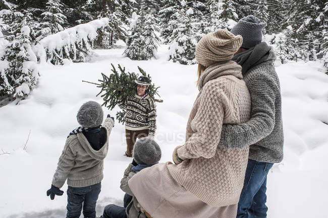 Austria, Altenmarkt-Zauchensee, uomo con albero di Natale e famiglia insieme nella foresta invernale — Foto stock