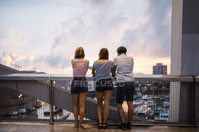 Amici che guardano la vista dal ponte — Foto stock