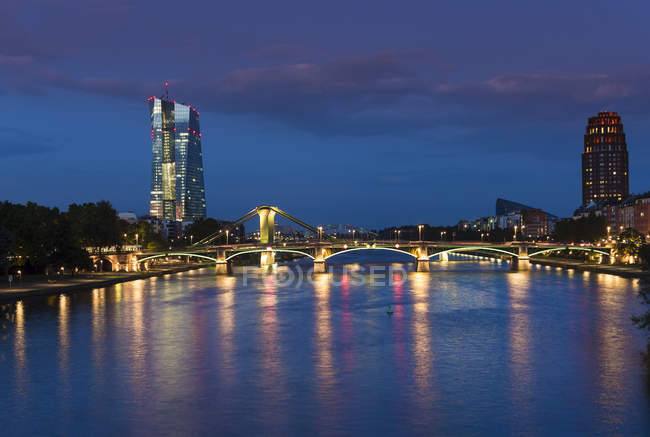 Germany, Frankfurt, River Main with European Central Bank, ECB Tower in the evening — Stock Photo