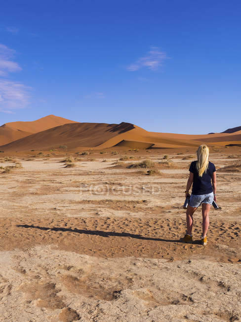 Back view of female tourist standing at Namib desert — Stock Photo