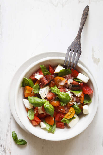 Salad with mozzarella, tomatoes and melon in bowl — Stock Photo