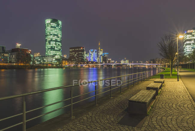 Germany, Hesse, Frankfurt, View to Main River, Westhafen and Westhafen Tower — Stock Photo