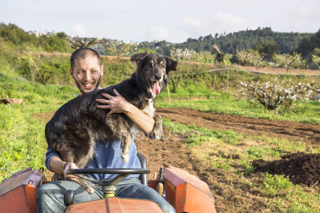 Trattore agricolo che guida sul campo e tiene il cane — Foto stock