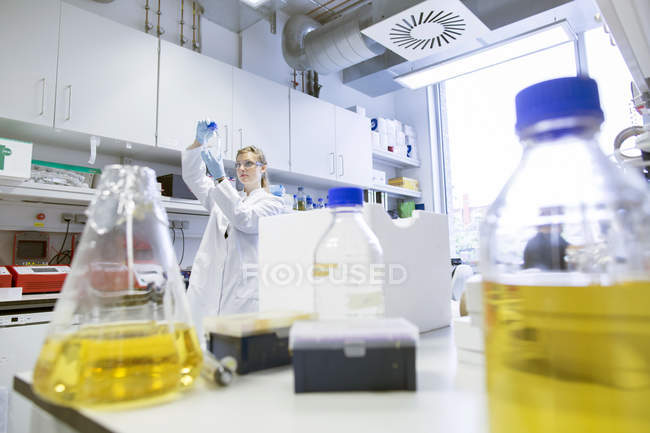 Young female scientist working at biological laboratory inspecting samples — Stock Photo