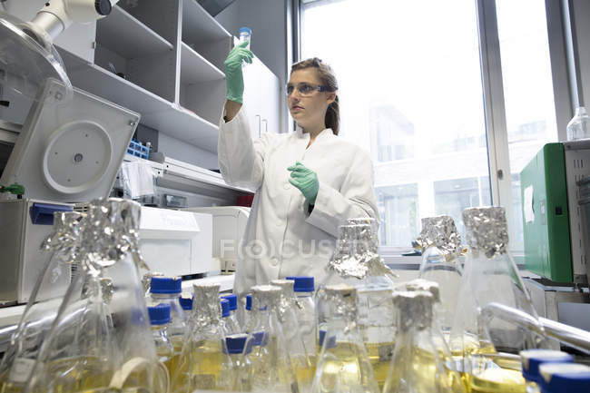Junge Wissenschaftlerin bei der Untersuchung von Proben im biologischen Labor — Stockfoto