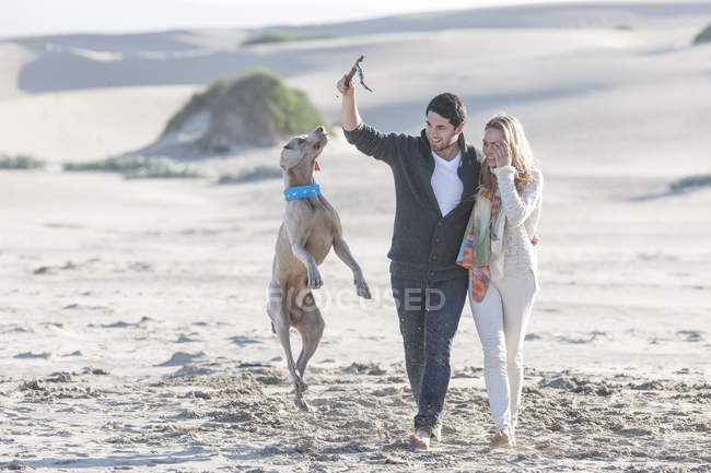 Jeune couple sur la plage avec chien — Photo de stock