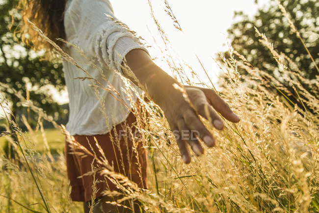 Donna che tocca erba alta in campo — Foto stock