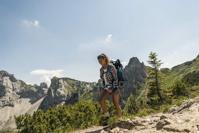 Австрия, Тироль, Тангеймер, молодая женщина, прогуливающаяся по горной тропе — стоковое фото