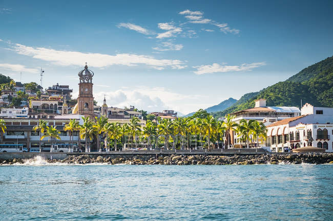 Mexico Jalisco Puerto Vallarta With Malecon And Church Our Lady Of Guadalupe Seen From Sea Faith Built Structure Stock Photo