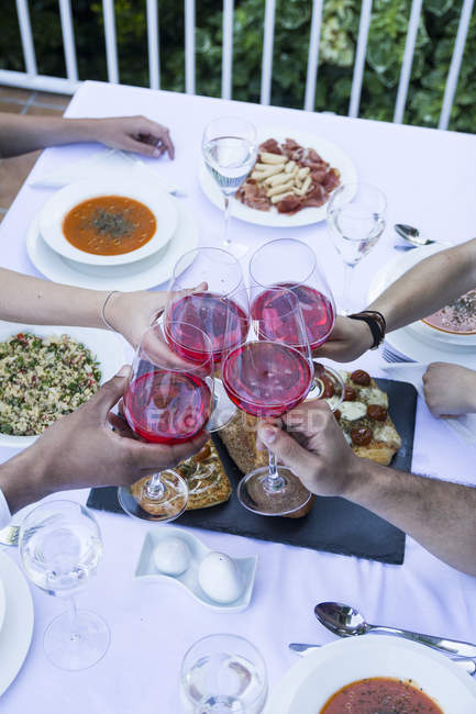 Amigos brindam com vinho lambrusco durante um jantar de verão — Fotografia de Stock