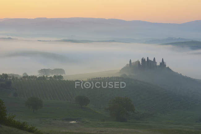 Italia, Toscana, San Quirico d'Orcia, veduta del paesaggio ondulato all'alba nella nebbia — Foto stock