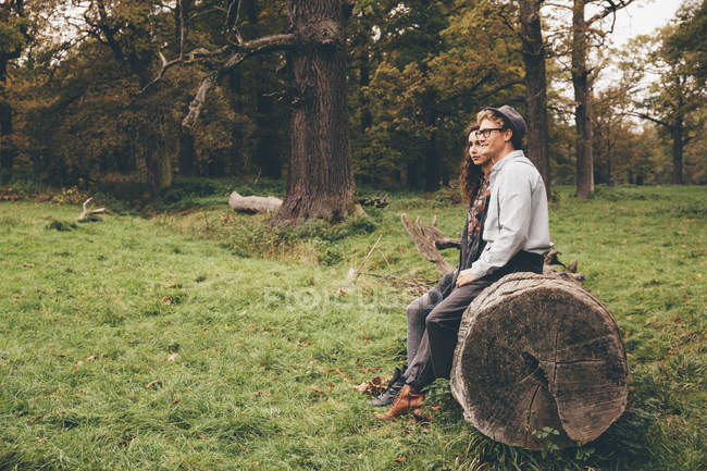 Junges Paar sitzt auf einem Baumstamm und blickt in die Ferne im herbstlichen Park — Stockfoto