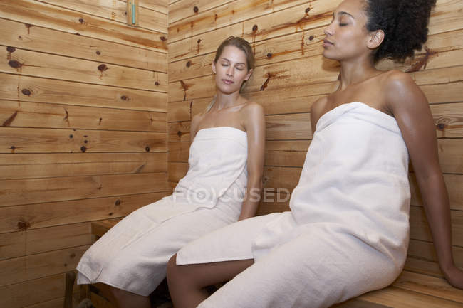 Two young women sitting in a sauna — bonding, Healthy Lifestyle - Stock  Photo | #179896260