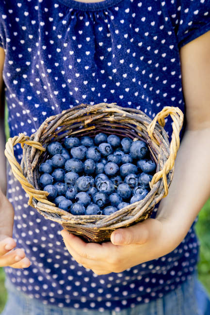 Fille tenant panier de bleuets — Photo de stock