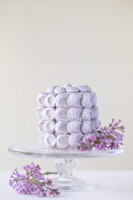 Torta de lujo recubierta de merengues morados y flores de lila en el  soporte de la torta — listo para comer, fantasía - Stock Photo | #179900446