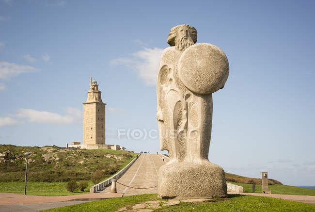 Spain, Galicia, La Coruna, Breogan statue and Roman lighthouse Torre de Hercules — Stock Photo