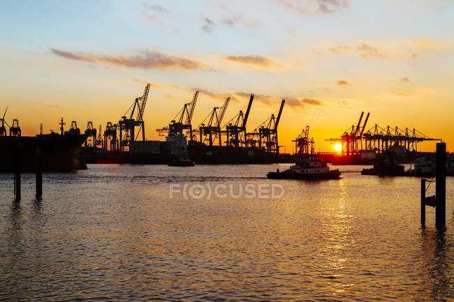 Allemagne, Hambourg, port, grues à la rivière Elbe au coucher du soleil — Photo de stock