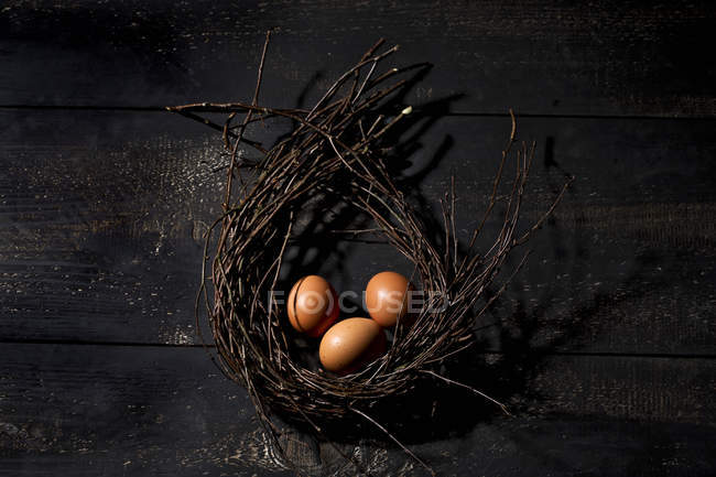 Three brown Easter eggs in a nest on dark ground — Traditional Culture ...