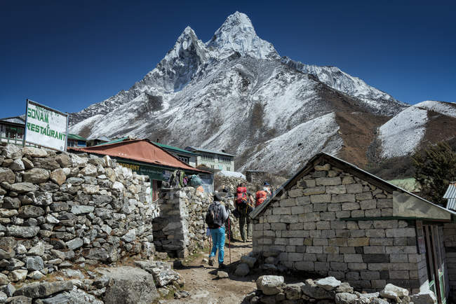 Nepal, Khumbu, Everest region, Pangboche, trekkers on the Everest trail ...