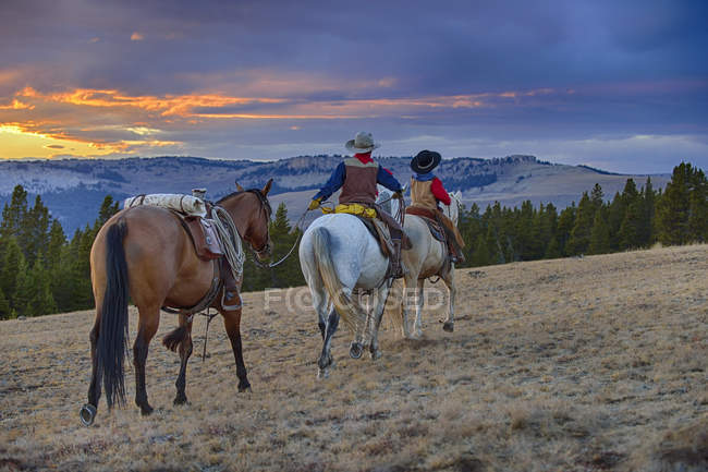 EE.UU., Wyoming, dos jóvenes vaqueros cabalgando en el desierto al atardecer - foto de stock