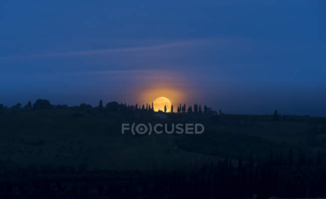 Italien, Toskana, Val d 'orcia, Monduntergang hinter Zypressen — Stockfoto