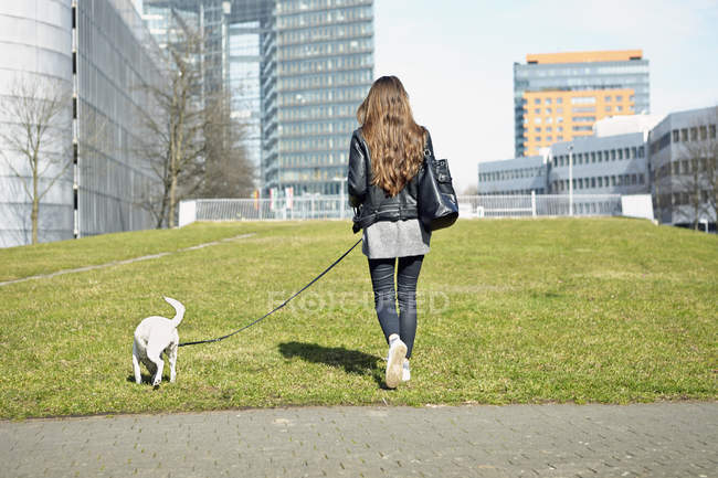 Mulher passeando seu cão — Fotografia de Stock