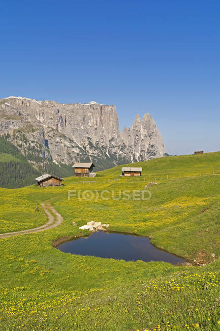 Italy, South Tyrol, Seiser Alm with wooden huts and Schlern group in the background — Stock Photo
