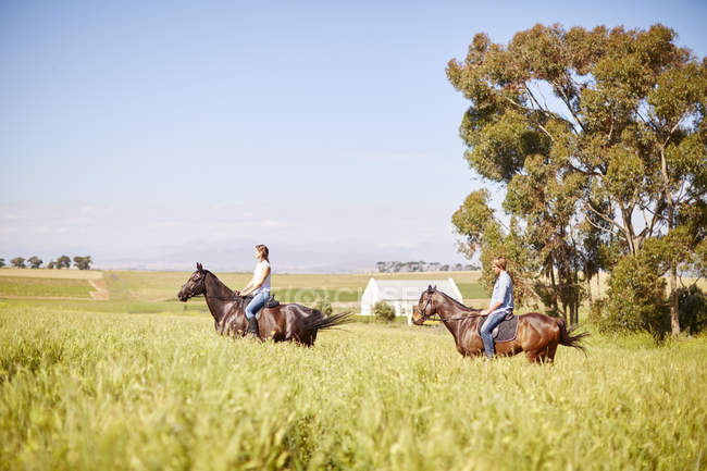 Jeune couple à cheval à la campagne — Photo de stock