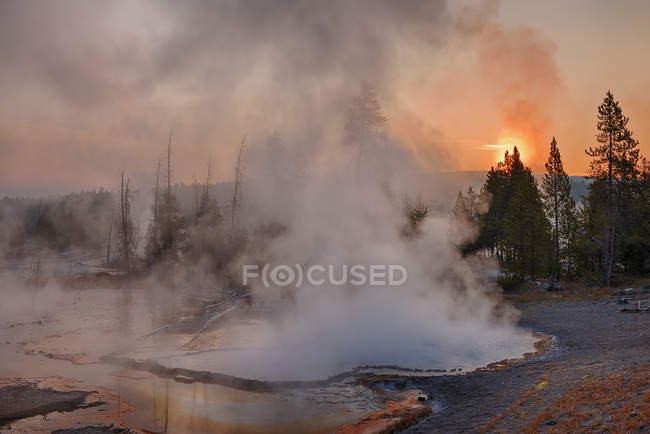 États-Unis, Wyoming, parc national de Yellowstone, montée de vapeur de Firehole Spring au lever du soleil — Photo de stock